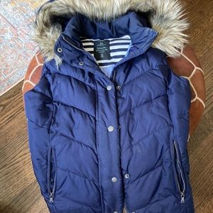 The GAP Small Navy Blue vest with removable faux fur hood!